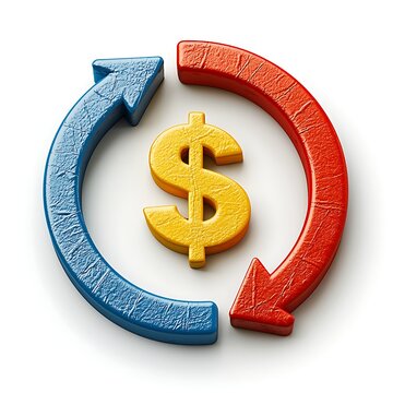 Financial Cycle Symbol: A vibrant 3D render depicts a golden dollar sign enclosed within a circular arrow flow, representing the continuous cycle of finance and currency exchange.