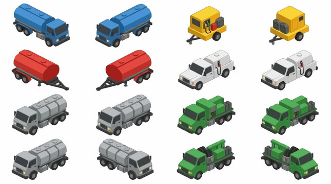 Colorful collection of toy trucks and vehicles in isometric style.