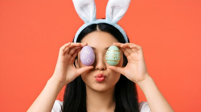 Young woman wearing blue bunny ears holding colorful decorated easter eggs over her pretty tired eyes
