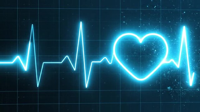 Neon blue heartbeat pulse and heart icon on grid