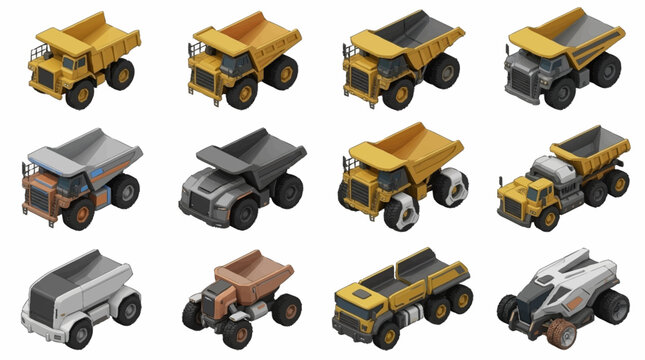 Collection of colorful dump trucks in various styles.