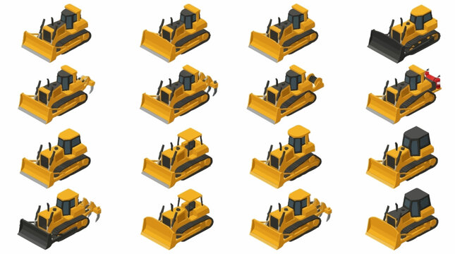 Collection of yellow construction bulldozers in various positions.