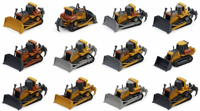 Yellow and orange construction bulldozers in multiple angles.