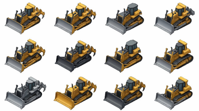 Yellow and black construction bulldozers in multiple angles.