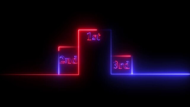 Neon Podium with 1st, 2nd, and 3rd Place Labels on Black Background,double color neon podium position icon  animation on black background..