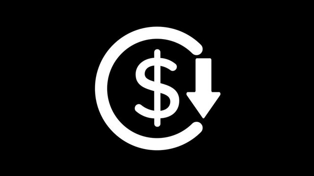 falling dollar value  in market showing with dollar icon and   down arrow  animation.,White Dollar Sign Inside Circle on Black Background