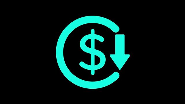 falling dollar value  in market showing with dollar icon and   down arrow  animation. Cyan Dollar Symbol Inside Circle on Black Background