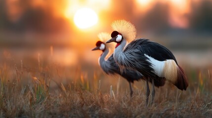 Obraz premium Two beautiful crowned cranes stand gracefully in a field as the sun sets, their striking plumage glowing in the warm light, embodying elegance in nature's beauty.