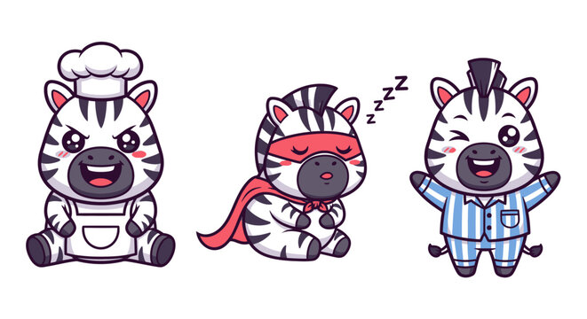 Cute Cartoon Zebras Dressed in Various Funny Costumes.