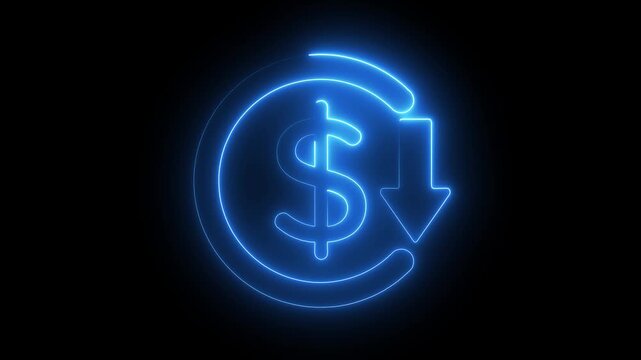 Blue Neon Dollar Sign with Downward Arrow Symbolizing Financial Decrease.dollar and down arrow  animation on black background.