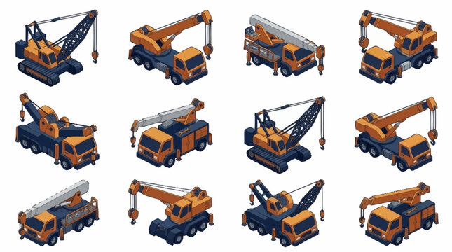 Collection of orange and blue construction crane trucks.