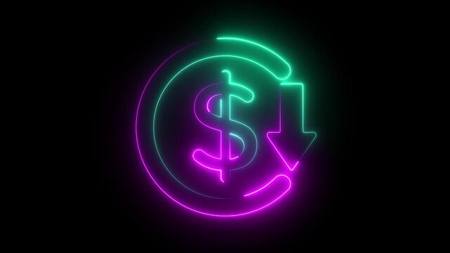 Neon Dollar Sign with Downward Arrow, Indicating Financial Loss or Price Decrease,loss profit concept.