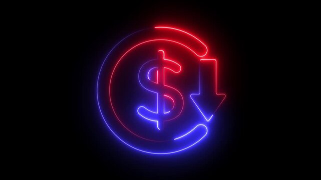 Neon Dollar Sign with Downward Arrow, Financial Decline Concept, Dark Background, falling dollar value concept video  animation on black background. loss profit concept.