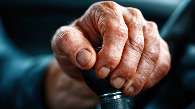A close-up view of a rugged hand gripping the gear shift of a car, emphasizing strength and determination intertwined with the act of driving.