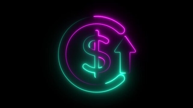 Neon Dollar Sign with Upward Arrow and Circular Motion, Representing Financial Growth and Profit. increasing dollar value  in market concept video  animation.