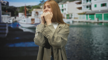Fototapeta premium Woman covering face with both hands beside boats at a harbor with waterfront buildings and visible wristwatch on hand; shyness.