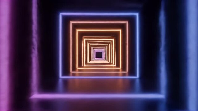 A futuristic glowing tunnel with infinite square neon frames in vibrant purple and orange light reflections