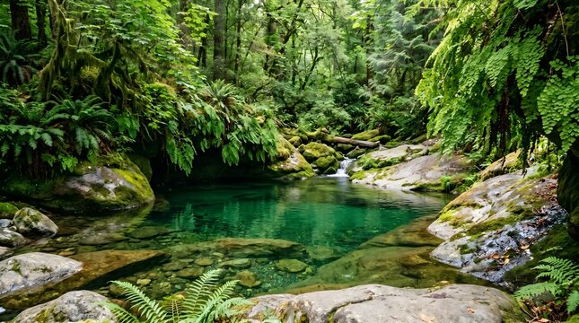 Lush temperate rainforest landscape with crystal clear turquoise river pool, ancient mossy rocks and green ferns in a dense jungle wilderness