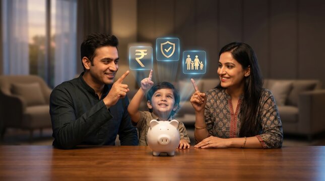 Indian Family Financial Planning Concept with Floating Holographic Currency Symbols, Secure Shields, and Family Silhouettes for Wealth Investment and Insurance Savings