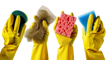 Naklejka premium Isolated hands in yellow rubber gloves holding various sponges and scrubbers for cleaning tasks.