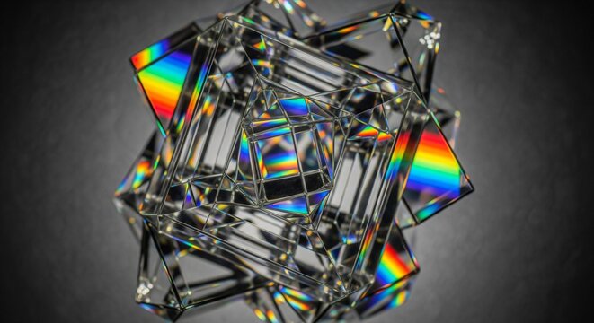 An abstract geometric sculpture made of glass prisms catching light and showing bright rainbow color patterns inside the structure