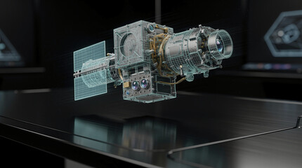 Fototapeta premium Sophisticated 3D holographic render of an advanced artificial satellite, highlighting cutting-edge space technology and aerospace engineering in a futuristic lab