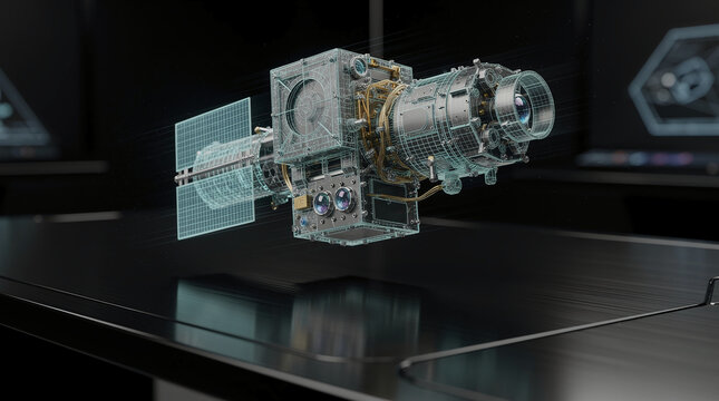 Sophisticated 3D holographic render of an advanced artificial satellite, highlighting cutting-edge space technology and aerospace engineering in a futuristic lab