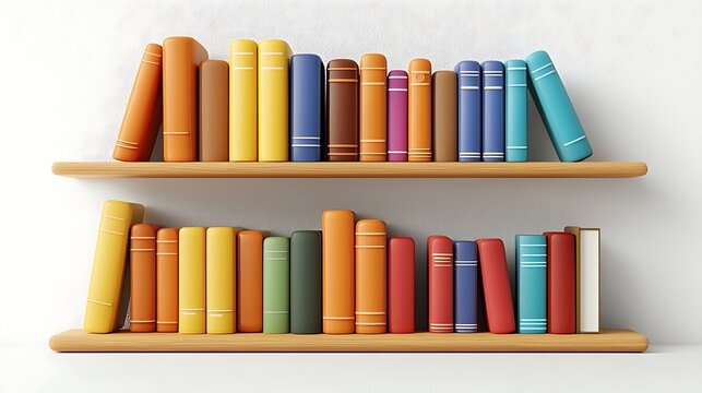 Colorful Bookshelves: A collection of diverse, colorful books neatly arranged on two wooden shelves, showcasing a variety of spines and colors, inviting knowledge and imagination.