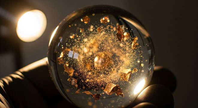 A hand wearing a black glove holding a clear glass orb containing a golden galaxy-like explosion of particles