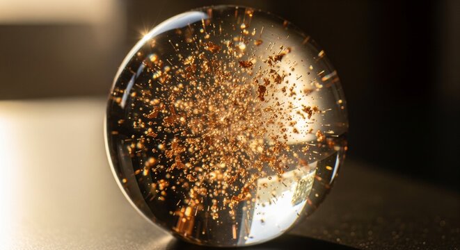 A clear glass sphere on a table filled with exploding golden glitter and shiny particles.