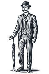 Fototapeta premium Vector engraving illustration of a vintage gentleman in a bowler hat and three-piece suit standing with a closed umbrella. Monochrome retro sketch.