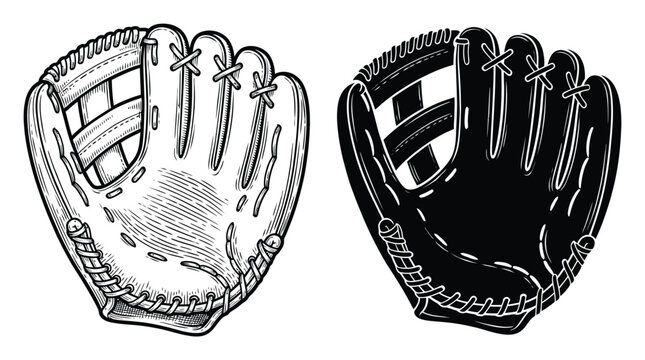 Two baseball glove in black and white line style, featuring a detailed and a solid silhouette