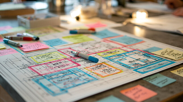 subcontractor. Architectural blueprint with color-coded sections for subcontractor responsibilities. real-estate listings.