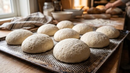 Fototapeta premium Artisanal bread dough rising on rustic tray
