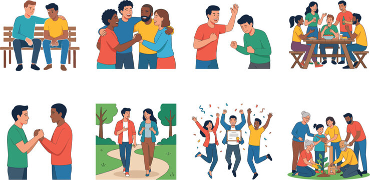 Community Support and Friendship Activities Vector Illustration Collection for Social Engagement