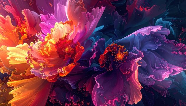 Vibrant, abstract floral patterns in fiery oranges, deep purples, and glowing pinks illuminate a dark background.