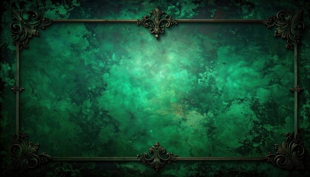 A dark, textured, emerald green background with an ornate, antique-style metal frame.