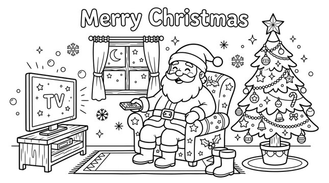 Santa Claus Watching Television Next to Decorated Christmas Tree
