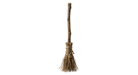 Realistic rustic witch broomstick isolated on black background © Narumon