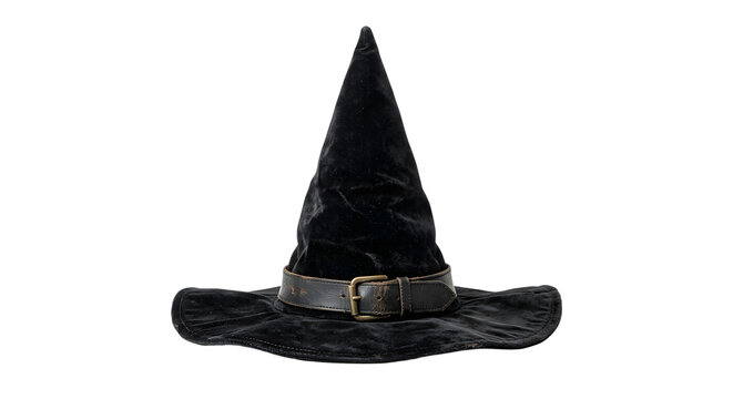 Classic black velvet witch hat with leather buckle belt