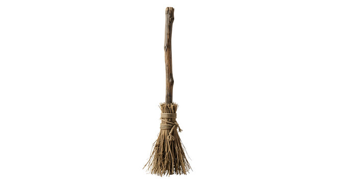 Realistic rustic witch broomstick isolated on black background