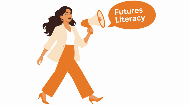 Woman with megaphone promoting futures literacy concept.