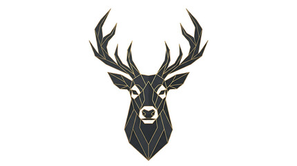Fototapeta premium Geometric low poly head of a deer with large antlers, black and gold lines on a transparent background, minimalist isolated
