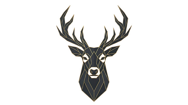 Geometric low poly head of a deer with large antlers, black and gold lines on a transparent background, minimalist isolated