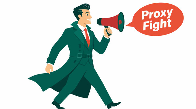 Businessman holding megaphone with proxy fight message.