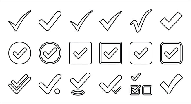 Collection of Outline Check Mark Icons Set, Thin Line Symbols for Confirm, Accept, Correct, Success, Done, Task Completion, and Validation UI Design Elements, Isolated on White Background