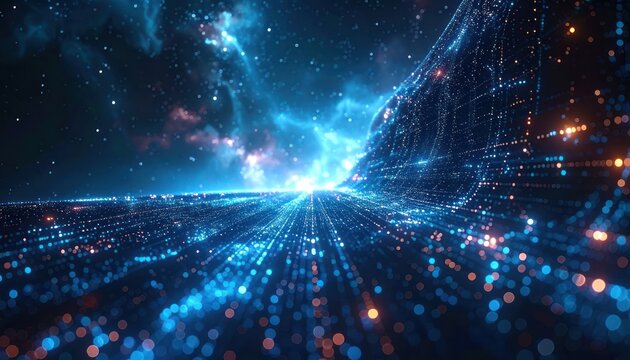 A dazzling digital landscape of blue and orange lights stretches into the starry, nebulous expanse of space.