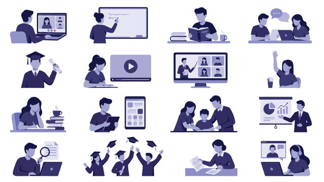 Flat vector illustration set of students and teachers participating in online education and distance learning