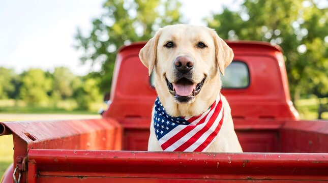 Friendly yellow labrador retriever dog wearing a patriotic american flag bandana sits happily in the back of a classic red vintage pickup truck during a sunny summer day outdoor portrait.