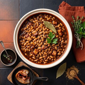 Classic Boston baked beans USA food &mdash; slow-cooked navy beans with molasses and salt pork, a traditional New England dish